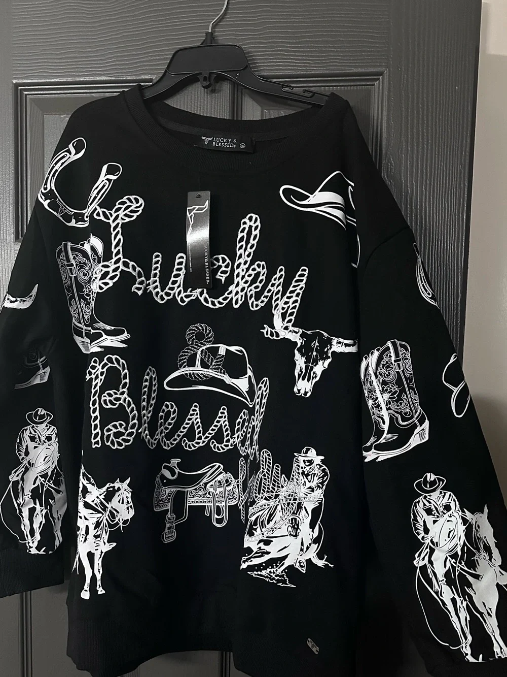 XL Lucky & Blessed Black Graphic Women’s Sweatshirt with White Western Print